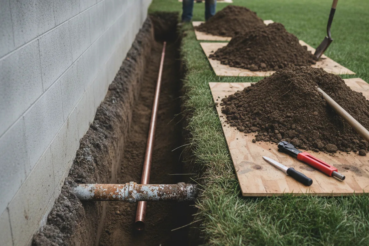 Excavated water line trench during Water Softener Installation in Alton